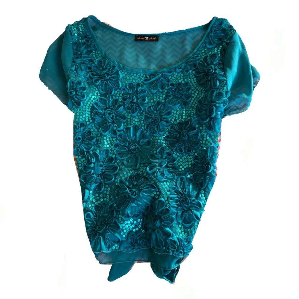 Heart Soul Teal Floral Embroidered Blouse